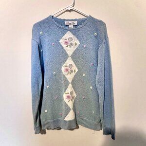 Vintage 90s Blue Floral Embroidered Knit Sweater – Size S